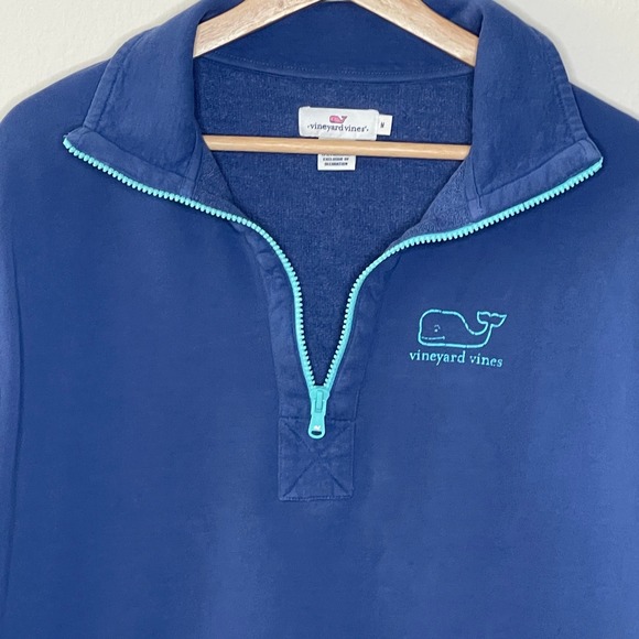 Vineyard Vines Mens Medium Blue Turquoise Whale Logo Quarter Zip Pullover - Picture 3 of 8
